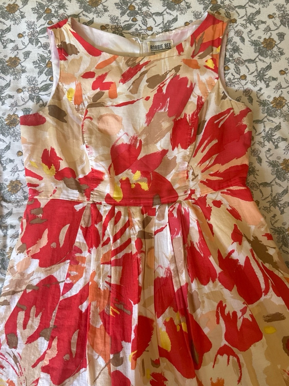 Robbie Bee Coral and Red Floral Fit-and-Flare Dress